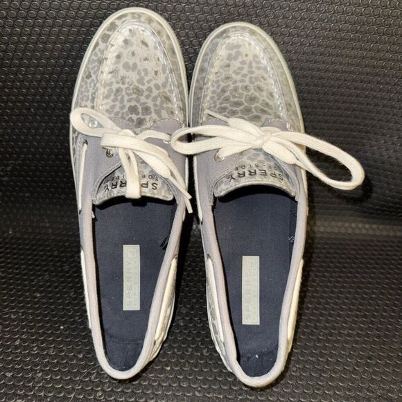 Sperry Top Sider White Gray Silver Leopard Canvas Lace Up Boat Shoes Size 9M - Picture 6 of 8
